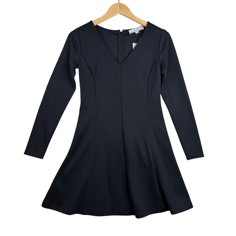 NWT Loft V-neck Long Sleeve Fit-and-Flare Mini Dress size 2 Petite Black